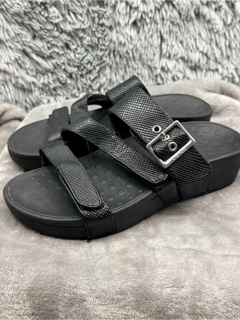 Vionic Rio Lizard Sandals Womens 6 Black Platform Pacific Slide Hook & Loop
